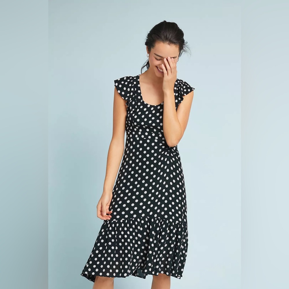 Anthropologie Maeve Gathered Polka Dot Dress